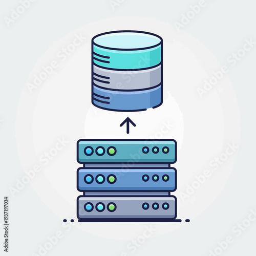 Colorful Cartoon Database Icon Uploading Data to Server Rack, Representing Cloud Computing, Data Migration, and Information Flow