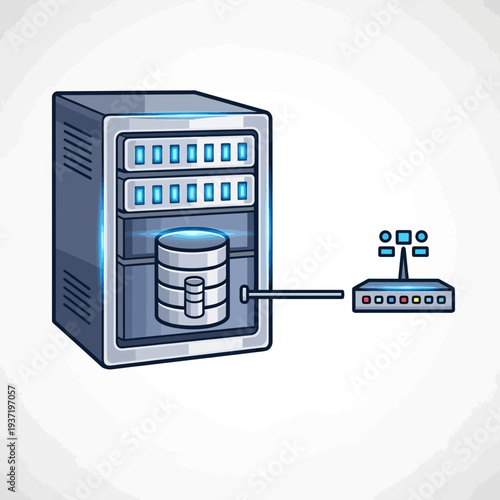 Powerful Server Cabinet with Internal Database Connected to WiFi Router, Illustrating Network Connectivity and Data Infrastructure