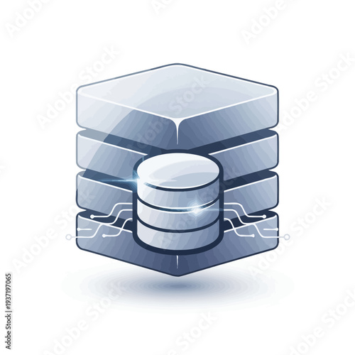 Futuristic Hexagonal Data Storage Unit with Internal Database and Glowing Circuit Lines, Representing Advanced Cloud Computing and Big Data Analytics
