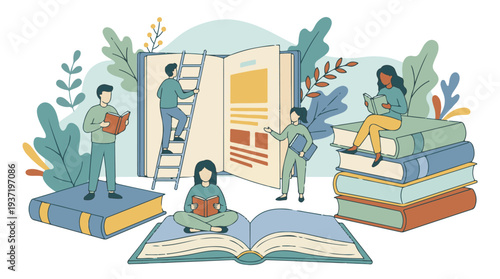 Diverse people reading and exploring books, symbolizing knowledge and education