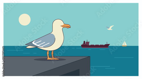 Minimalist illustration of a seagull on a pier overlooking the sea