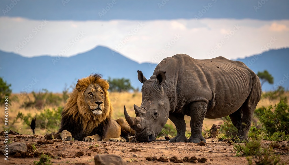 Fototapeta premium Lion lays next to rhino on dry ground. Landscape & mountain range in background under blue skies
