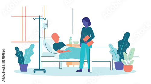 Nurse attending to a patient in a hospital bed with an IV, healthcare concept