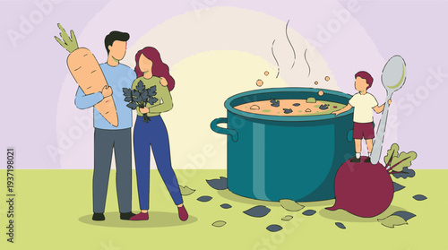 Happy family preparing healthy meal with fresh vegetables and soup