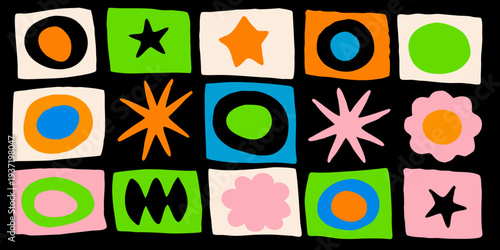 Colorful geometric shapes and floral designs arranged in a grid pattern