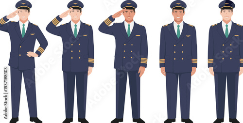  Airline pilot uniform characters set, professional aviator standing and saluting poses, commercial aviation crew vector illustration for transportation and airline themes