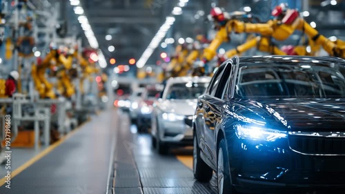 193Robotic arms installing car doors on production line, multiple vehicles in progress, bright industrial lighting highlighting modern automotive manufacturing