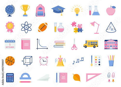 School icons. Back to school objects. Set of education symbols in flat design. Collection study supplies, stationery, book, backpack, globe. Elements isolated on white background. Vector illustration