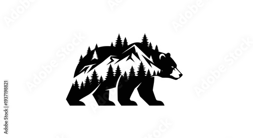 Silhouette bear with mountain and tree elements