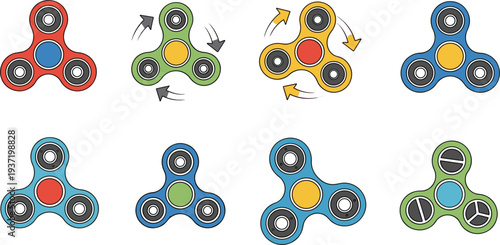 Fidget Spinner Toy Collection Hand Spinner Stress Relief Toy Set Flat Vector Illustration