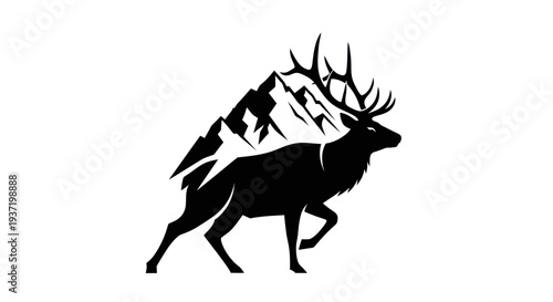 Silhouette elk and mountain illustration