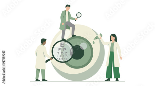 Ophthalmologists conduct an eye examination with eye chart and eye drops