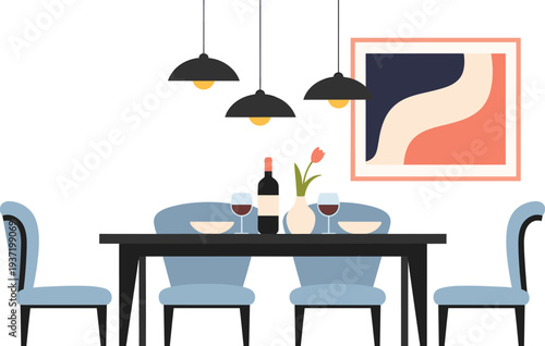 Elegant dining room table setting illustration, modern interior with pendant lights, wine bottle and glasses, vase with tulip centerpiece, stylish chairs, cozy dinner scene