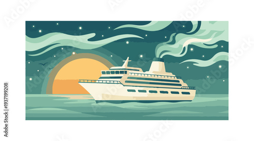 Vector illustration of a cruise ship sailing at sunset or twilight on the ocean