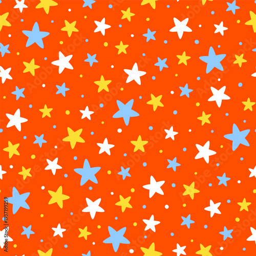 Seamless pattern with cute color twinkle stars and confetti on red background - funny wallpaper for Your kawaii happy kids design