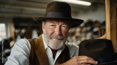 Master hat maker blocking and shaping a luxury felt fedora on a wooden form in a traditional millinery workshop, ideal for hat production, millinery craft, handmade accessory manuf