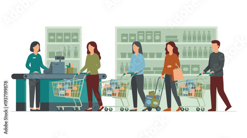 Supermarket checkout line with customers and full shopping carts