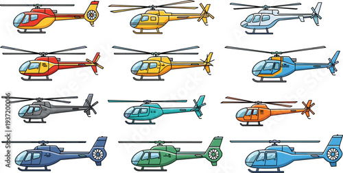 Colorful Helicopter Vector Set Featuring Various Modern Chopper Models for Aviation, Transportation, and Rescue Concept Illustration