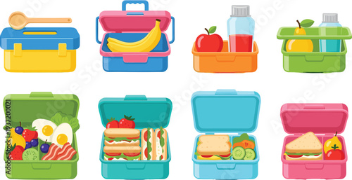 Colorful Kids Lunch Box Vector Set Featuring Healthy School Meals, Sandwiches, Fruits, and Drinks for Back to School and Nutrition Concepts