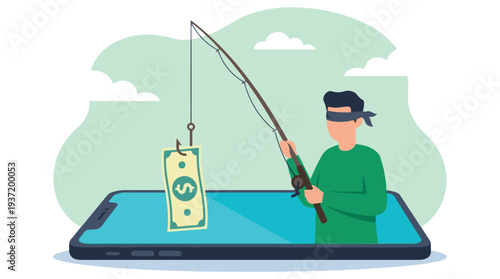 Digital phishing scam illustration with a blindfolded person and money bait