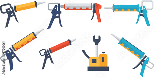 Construction Caulking Guns and Sealant Tools Set Industrial Repair Equipment Flat Vector Illustration
