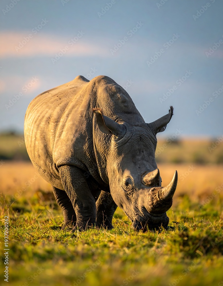 Obraz premium A large gray rhinoceros grazing in a green field under a blue sky