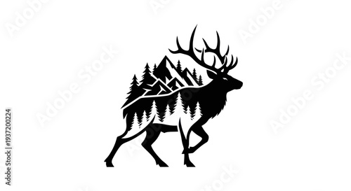 Silhouette of a majestic elk with mountains