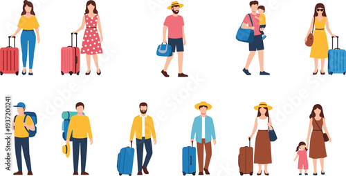 Diverse People Traveling Vector Set Featuring Tourists with Suitcases, Backpackers, and Families Ready for Summer Vacation or Holiday Trip
