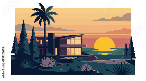 Modern house by the ocean at sunset, minimalist illustration
