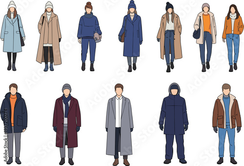 Diverse People Wearing Winter Clothes Vector Set Featuring Men and Women in Coats, Jackets, Beanies, and Scarves for Cold Weather Fashion Concept