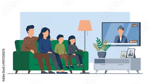 Family watching live news on television in a cozy living room at home