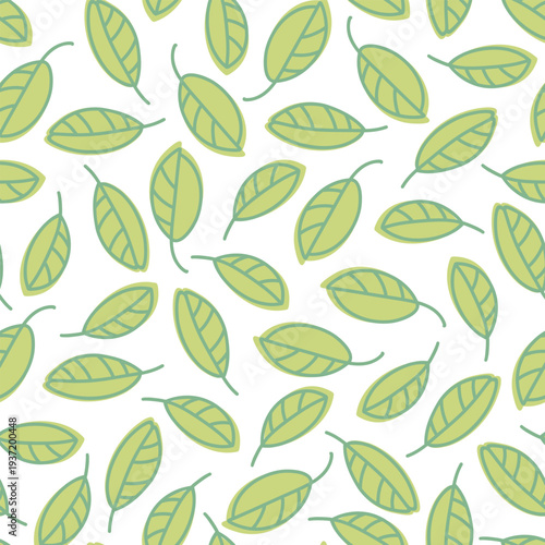 Seamless pattern with green leaves. Endless summer. Illustration with leaves. Random arrangement. Vector summer background.  Great for garden and nature themed wallpaper, fabric, green background.