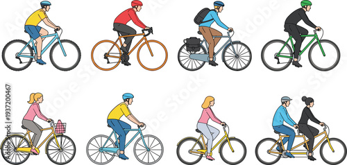 Diverse Cyclists Vector Set Featuring People Riding Mountain Bikes, Road Bikes, City Bicycles, and Tandem Bike for Healthy Lifestyle Concept