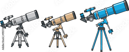 fessional Astronomical Telescope Vector Set Featuring Different Models on Tripods for Space Observation, Science Education, and Astronomy Concept