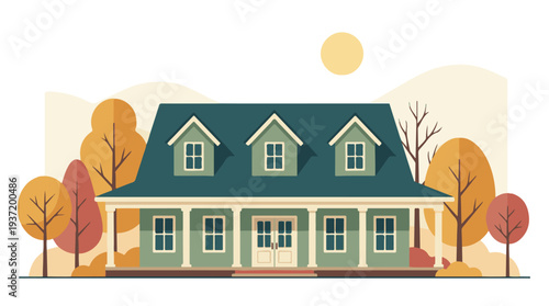 Charming suburban house with porch and dormers in autumn flat illustration