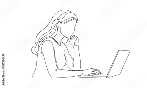 Continuous one line drawing girl sits at a laptop vector illustration. Casual woman doing freelance job work at home