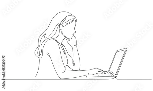 Continuous one line drawing girl sits at a laptop vector illustration. Casual woman doing freelance job work at home