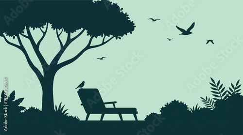 Nature silhouette illustration with a lounge chair, tree, and flying birds
