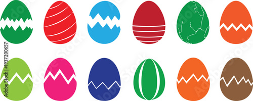 Twelve brightly colored easter eggs with zigzag stripes and patterns