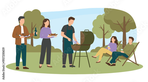 Friends enjoying outdoor summer barbecue party and picnic in park