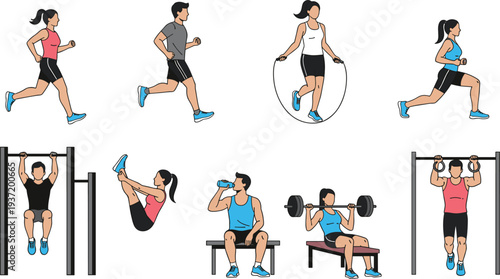 Fitness and Gym Workout Vector Set Featuring People Running, Jumping Rope, Lifting Weights, and Doing Calisthenics Exercises