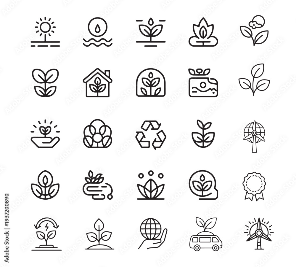 Obraz premium collection of simple, hand-drawn line art icons representing Ecology and Sustainability Line Icon Set for Green Energy and Nature