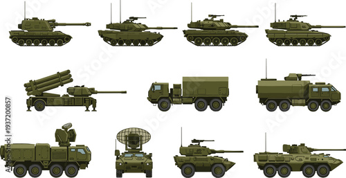 Military Vehicle and Tank Vector Set Featuring Armored Fighting Vehicles, Rocket Launchers, and Radar Trucks for Defense and Warfare Concepts