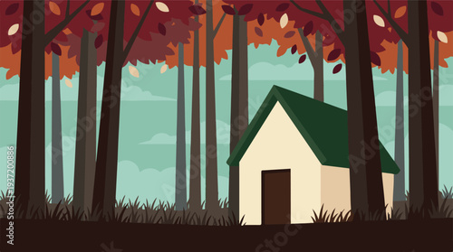 Illustration of a small cabin nestled in a vibrant autumn forest