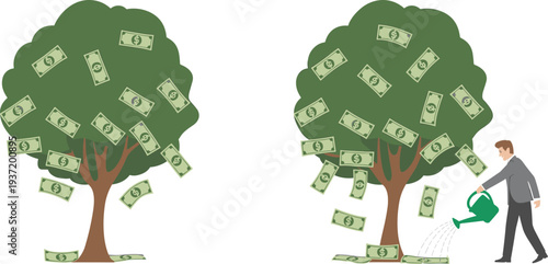 Investment growth concept vector illustration, businessman watering money tree with falling banknotes, financial growth and wealth creation, passive income, nurturing assets for prosperity