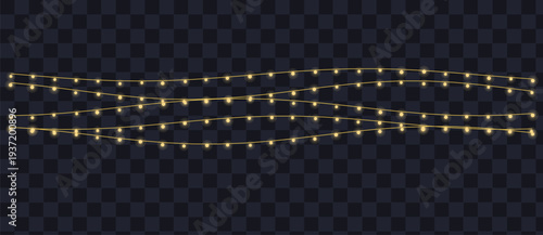 Horizontal lines of warm yellow Christmas lights sparkle on a darkcreating a festive look