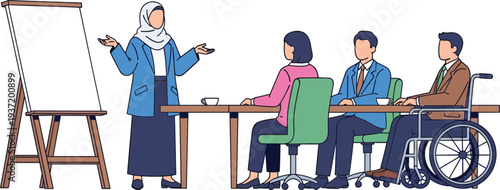 Muslim Businesswoman in Hijab Giving a Presentation to Diverse Professional Team Including Person in Wheelchair for Inclusive Workspace Concept
