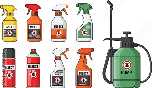 Pest Control Product Vector Set Featuring Insecticide Sprays, Aerosol Cans, and Garden Pressure Pump for Extermination and Hygiene Concept