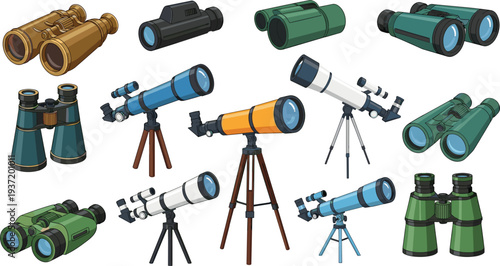 Optical Instruments Vector Set Featuring Various Binoculars and Telescopes on Tripods for Astronomy, Bird Watching, and Exploration Concepts