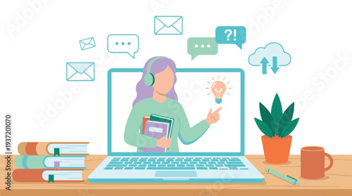 Online education concept with student, laptop, books, and communication icons